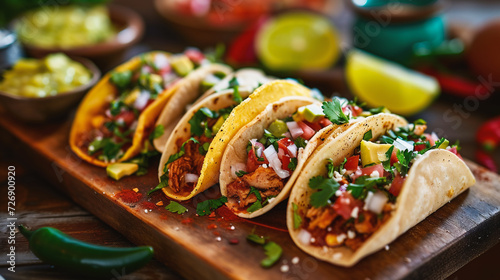 Mexican tacos with chicken, cheese, salsa and guacamole
