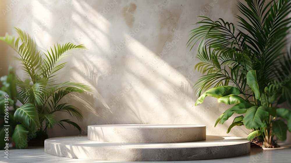 A white circular platform with a green wall in the background and potted plants on each side. A white circular platform with a green wall in the background and potted plants on each side.