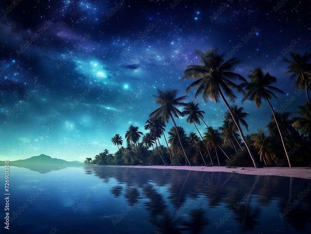 Tropical beach night sky with dark space on water and starry sky over palm trees