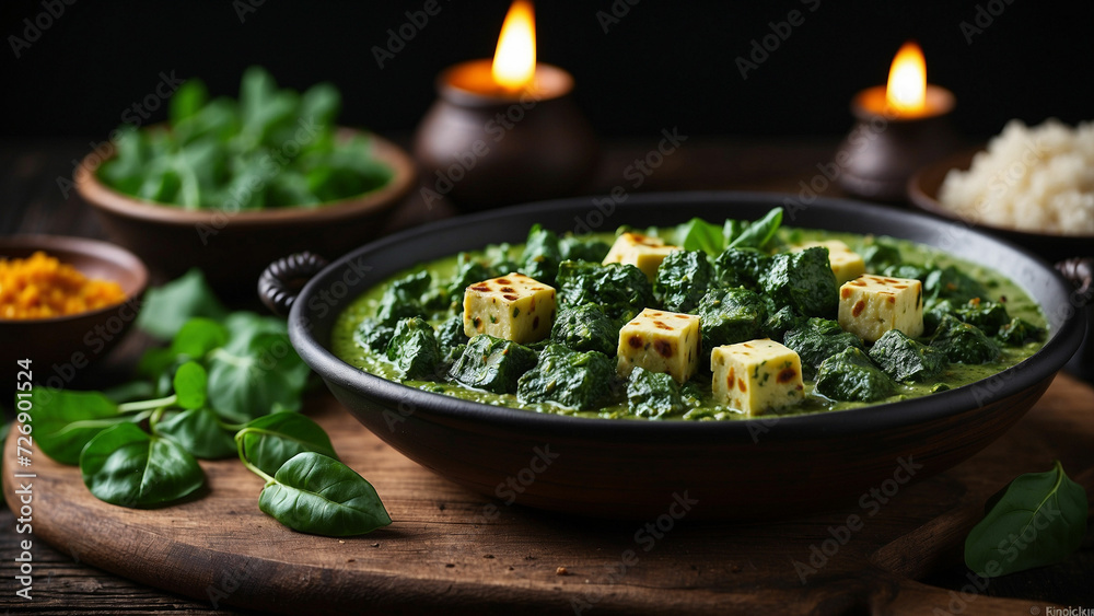 Palak Paneer to life on a dark, textured wooden surface with depth of field to focus on the intricate details of the paneer cubes and the velvety spinach curry Palak Paneer to life on a dark, textured wooden surface with depth of field to focus on the intricate details of the paneer cubes and the velvety spinach curry