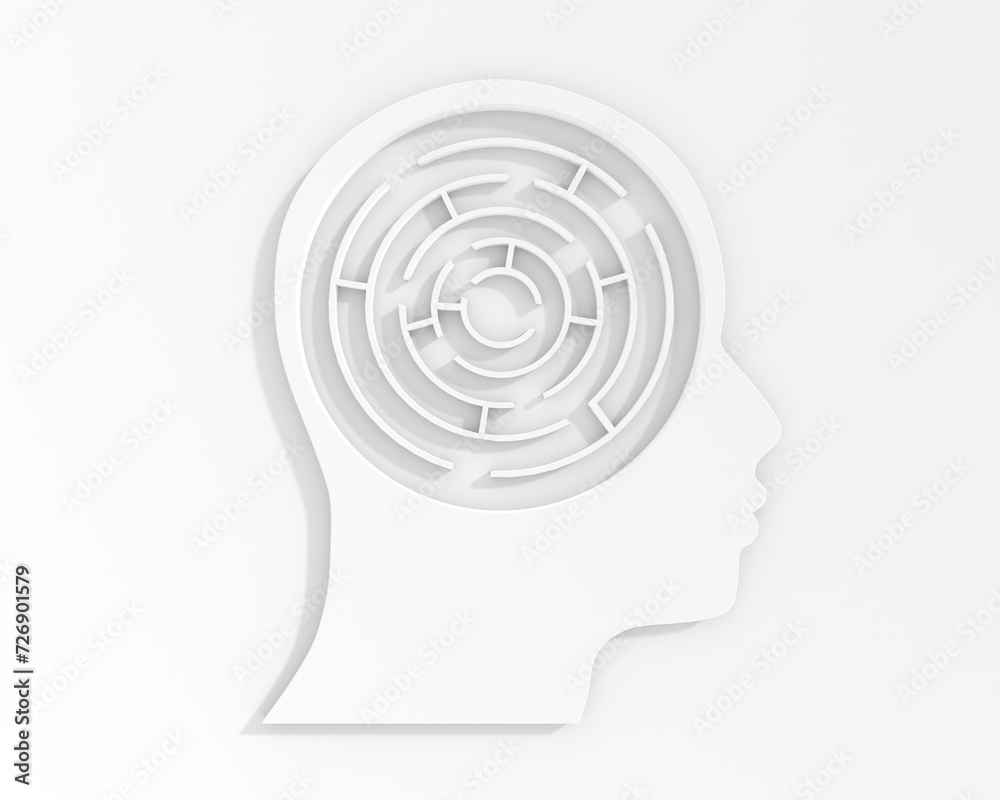 Human head silhouette with maze inside. Mind complexity psychology concept. Memory and solution, searching and thinking. 3D render Human head silhouette with maze inside. Mind complexity psychology concept. Memory and solution, searching and thinking. 3D render