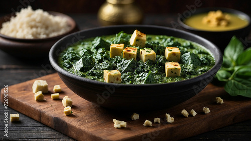 Palak Paneer to life on a dark, textured wooden surface with depth of field to focus on the intricate details of the paneer cubes and the velvety spinach curry