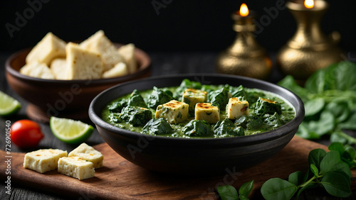 Palak Paneer to life on a dark, textured wooden surface with depth of field to focus on the intricate details of the paneer cubes and the velvety spinach curry