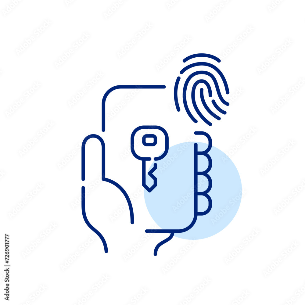 Unlocking a car or accessing an account using fingerprint authentication key. Pixel perfect, editable stroke Unlocking a car or accessing an account using fingerprint authentication key. Pixel perfect, editable stroke
