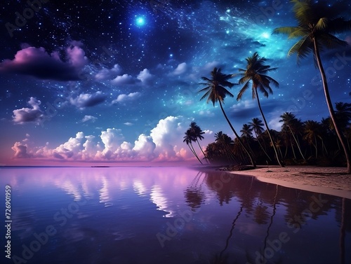 Tropical beach night sky with dark space on water and starry sky over palm trees