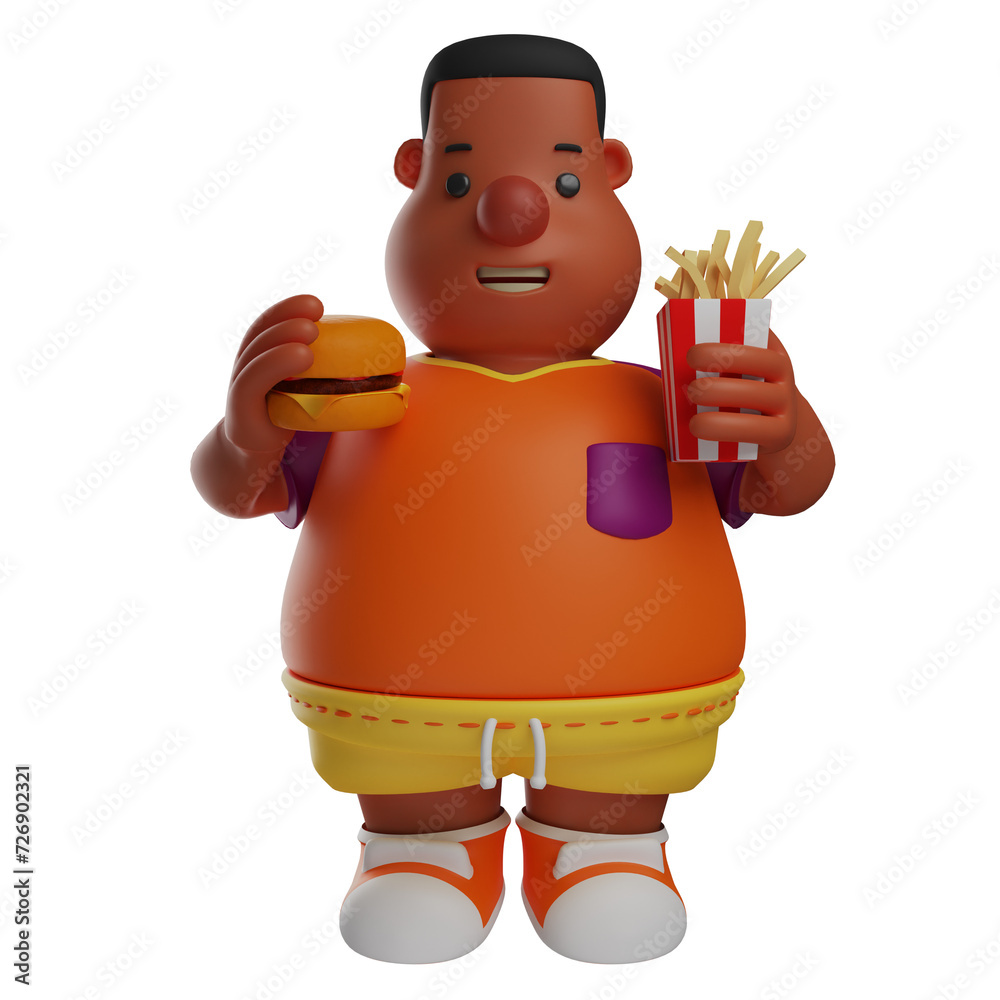 3D illustration. Cartoon 3D Big Boy Character holding a burger and fries. has a funny facial expression. in a standing pose. 3D Cartoon Character 3D illustration. Cartoon 3D Big Boy Character holding a burger and fries. has a funny facial expression. in a standing pose. 3D Cartoon Character