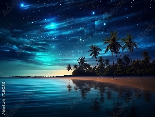 Tropical beach night sky with dark space on water and starry sky over palm trees