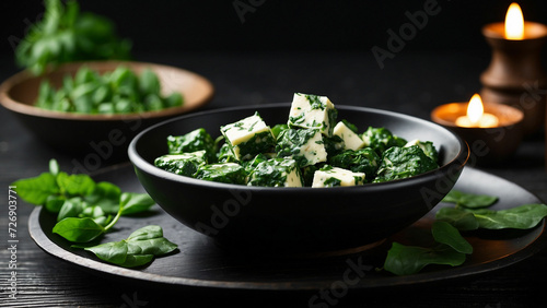Picture a tempting plate of Palak Paneer placed on a sleek black wooden table with props like traditional Indian utensils or vibrant napkins to add cultural context