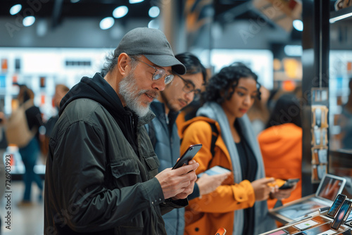 An in-store product demonstrator showcasing the latest smartphone features to an interested group of customers in a tech store 