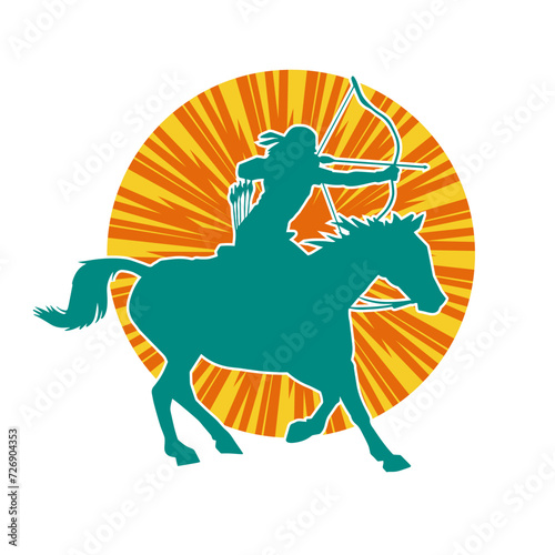 Silhouette of an ancient cavalry soldier aiming with archery weapon. Silhouette of an archer on his running horse.