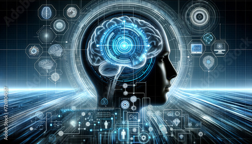 Futuristic brain-machine interface with minimalist digital overlay.