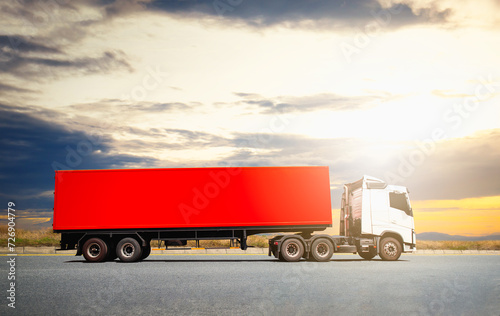 Semi Trailer Trucks Driving on The Road with The Sunset. Shipping Cargo Container, Economical Transportation Business. Commercial Truck Transport. Diesel Trucks. Lorry. Freight Truck Logistic.