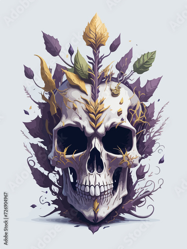 A striking t-shirt design featuring a skull entombed in the roots of trees, adorned with elegant gold ornaments. photo