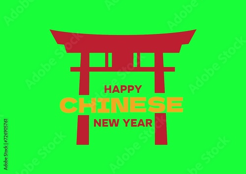 Happy Chinese New Year animation with shrine, fireworks and text in greenscreen background