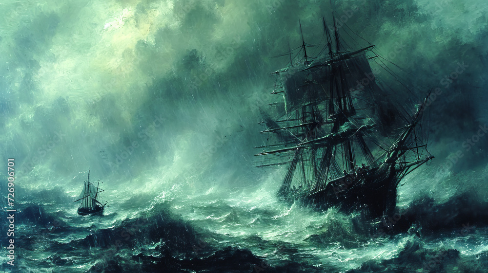 Sailing Ship in a Storm Painting.  Generated Image.  A digital painting of a sailing ship from the 1800’s in a storm.