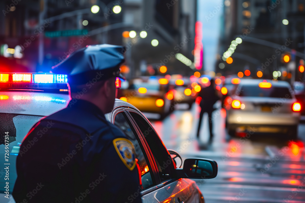 police officer near car with lights in city street with selective focus and background blur.