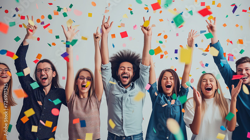 Business team celebrating a milestone, jumping with excitement. Confettin in the air.
