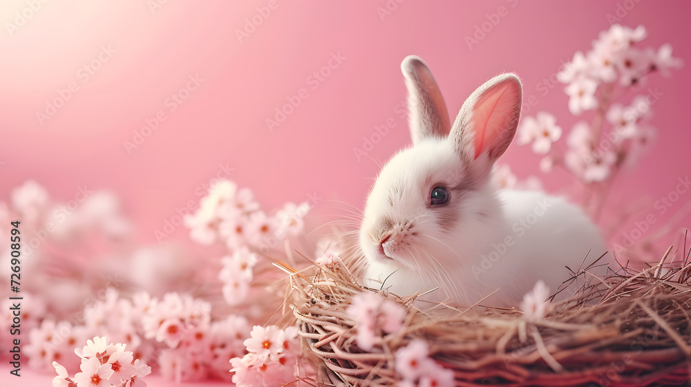 A white rabbit is sitting in a basket surrounded by pink flowers.