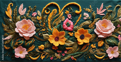 Embroidered floral composition in the Columbian folk art style photo