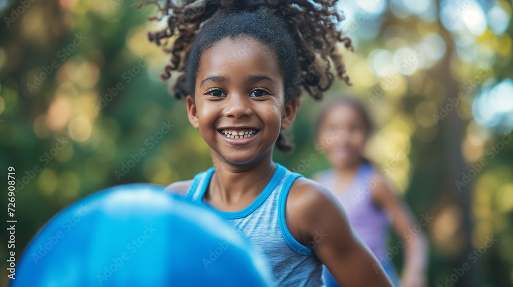 Young kids running outside with a big ball, family fitness time. Young kids running outside with a big ball, family fitness time.