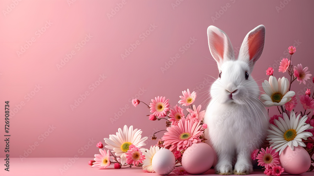 A white rabbit is sitting in a basket surrounded by pink flowers.