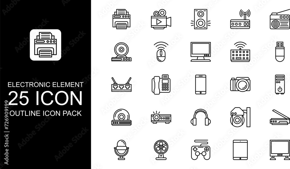 Device and technology icon, electronic element icon package, outline fill icon sheet, icon bundle.