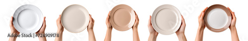 Collection of hand holds empty plate on transparent background, top view photo