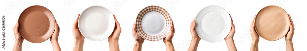 Collection of hand holds empty plate on transparent background, top view - obrazy, fototapety, plakaty 