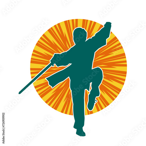 Silhouette of a female fighter in action pose carrying sword weapon.
