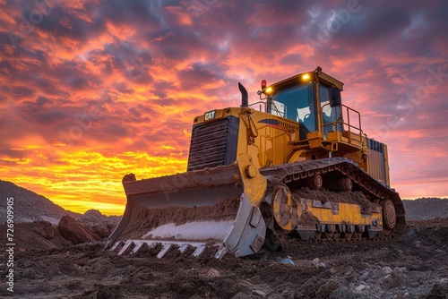 A  bulldozer operating on a dirt landscape. Generative Ai.