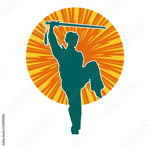 Silhouette of a female fighter in action pose carrying sword weapon.
