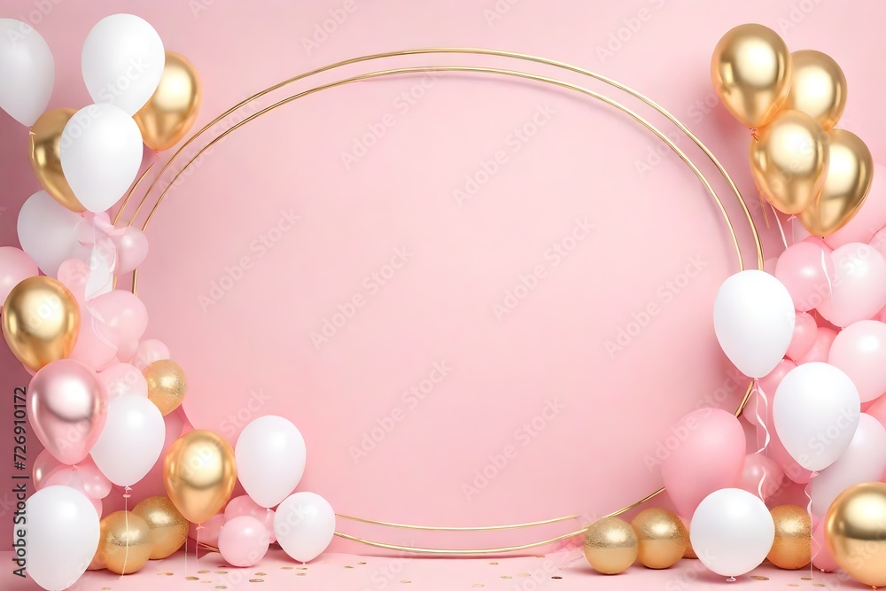 Balloon garland decoration elements. Frame arch for wedding, birthday, baby shower party celebration. Pastel pink, white and gold banner background with round empty space