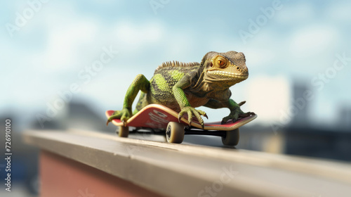 A bold lizard skateboarding on a vert ramp photo