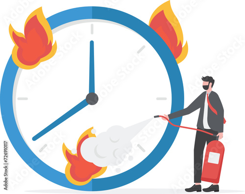 Unhappy employees near burning stopwatch, deadline concept. Alarm clock in fire. Be in time. Stress from being overwhelmed, heavy work schedules. Manager with burnout, psychological pressure. vector