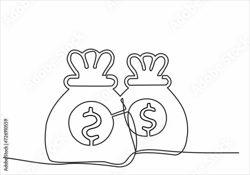Continuous one drawn single line money bag. Concept of money storage, money, icon, bank, dollar, business, symbol, finance, vector, cash, sign, bag, currency, background, investment, banking.