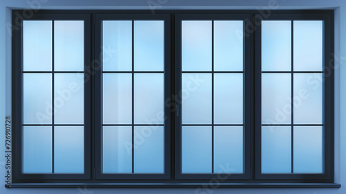 Modern windows with a clear blue sky reflection.