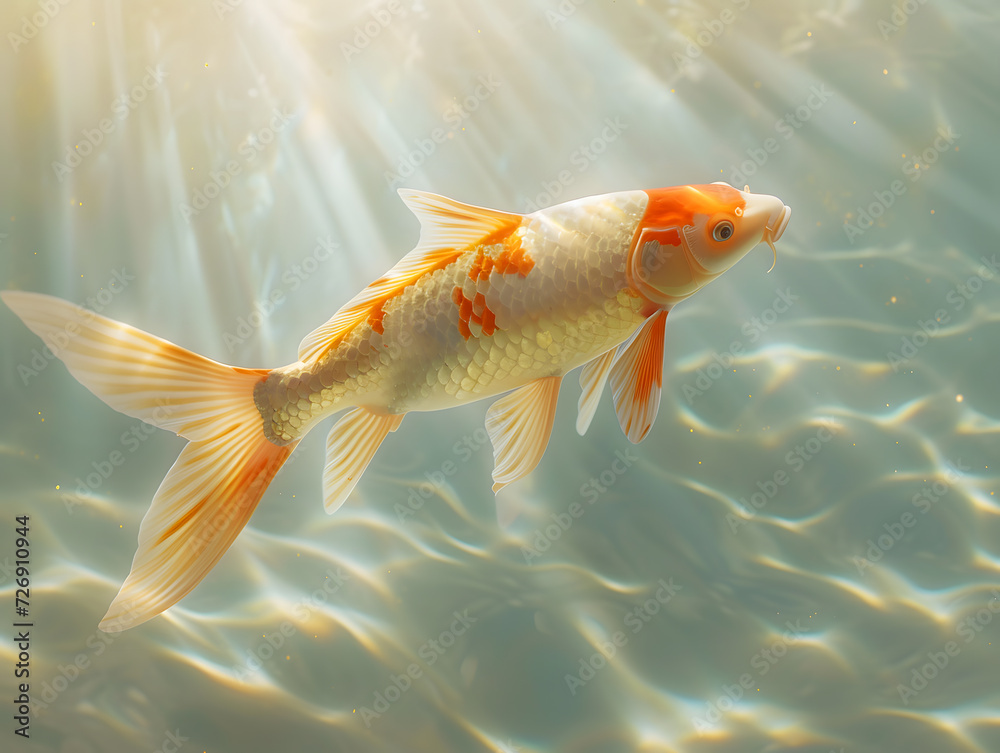 Orange and white koi fish swimming in a green-hued pond. The water is bubbly and the sun shinesbrightly through above, casting its rays on the fish.
