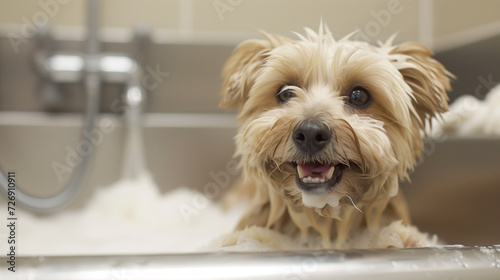 Cute white yorkie shi tzu mix dog at grooming bath, getting a wash.