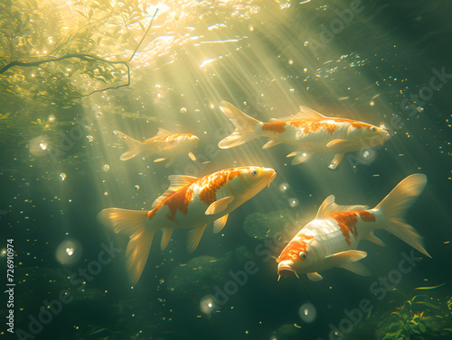 Orange and white koi fish swimming in a green-hued pond. The water is bubbly and the sun shinesbrightly through above, casting its rays on the fish. © wcirco