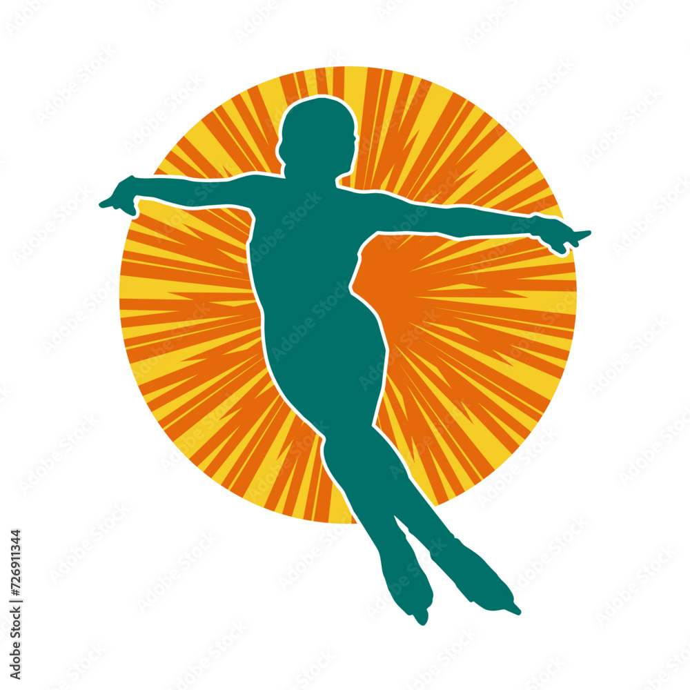 Silhouette of a slim female ice skate gymnastic dancer in action pose.