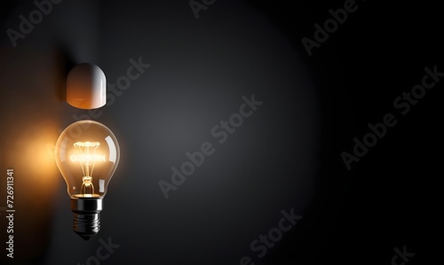 One of Lightbulb glowing among shutdown light bulb in dark area with copy space for creative thinking , problem solving solution.