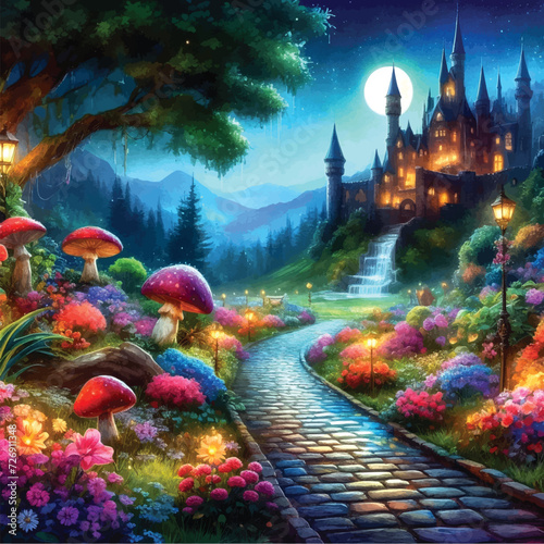 Dreamland with castle and cobbled pathway