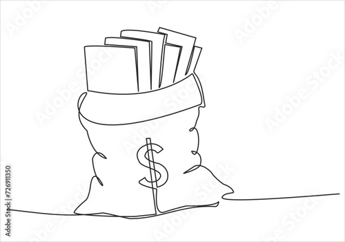 Continuous one drawn single line money bag. Concept of money storage, money, icon, bank, dollar, business, symbol, finance, vector, cash, sign, bag, currency, background, investment, banking.