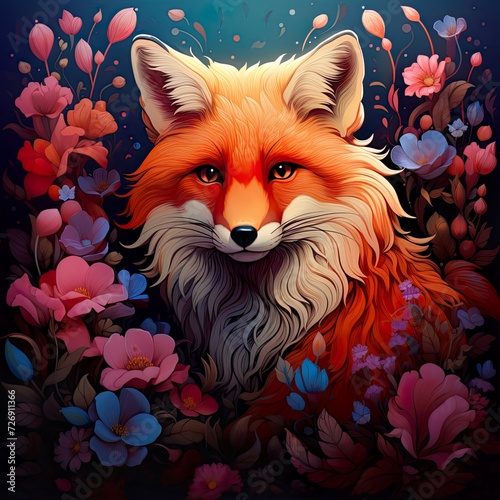 Magic Fox With Flowers Multicolor