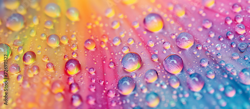 Colorful water droplets on a vibrant surface.