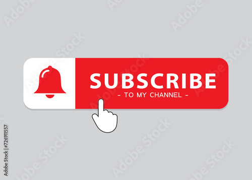 Red button subscribe of channel. Vector illustration. Subscription button with bell icon for notification
