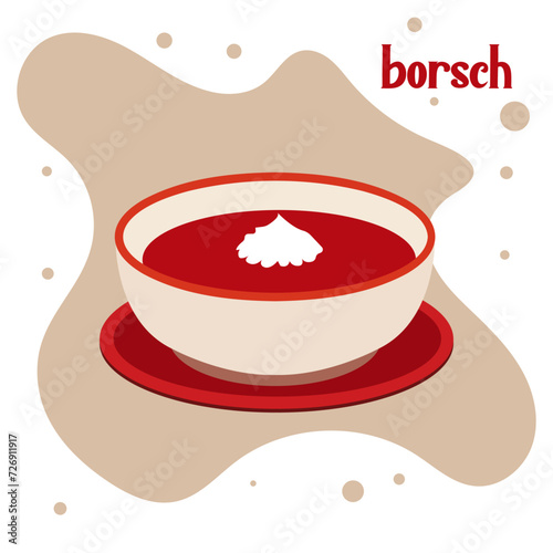 Vector flat illustration of Ukrainian traditional first course red borscht with sour cream.