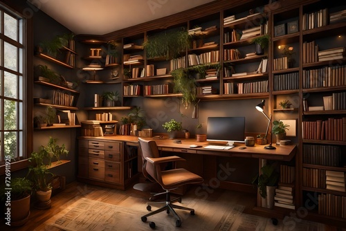 A cozy corner home office with warm ambient lighting, a vintage wooden desk, and shelves filled with books and plants, offering a perfect blend of comfort and functionality