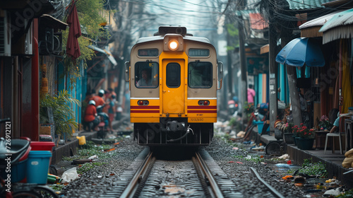 Train in a very busy Indian village, with crowded sides of the street. © Jammy Jean
