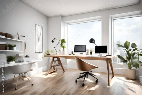 A minimalist home office bathed in natural light  featuring a sleek desk  ergonomic chair  and modern technology  creating a serene and productive workspace